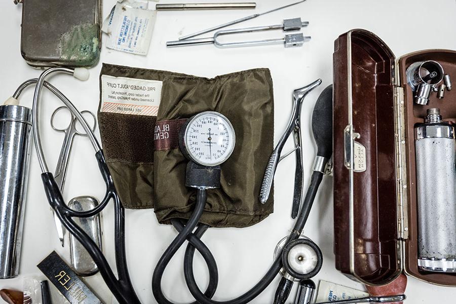 Some of Ray Miller’s medical equipment donated to Northwest includes his physician’s bag with a stethoscope and blood pressure cuff, along with a microscope, field surgery kits and his surgical glasses.